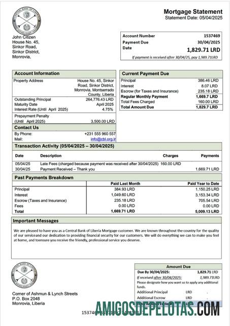 em branco Libéria Banco Central Da Libéria Declaração De Hipoteca Word E Modelo PDF